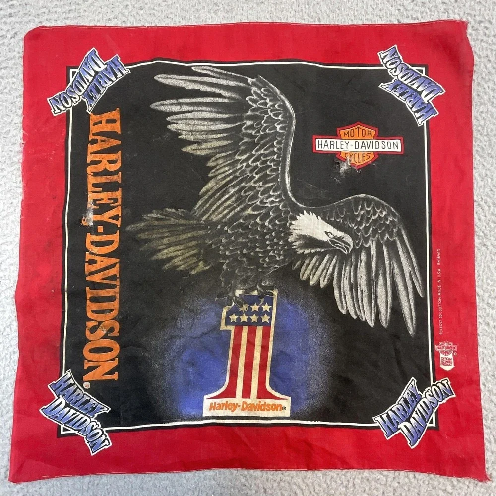 Harley Davidson Bandana Men OS Black Red Fair Vintage Eagle #1 Logo USA Made
